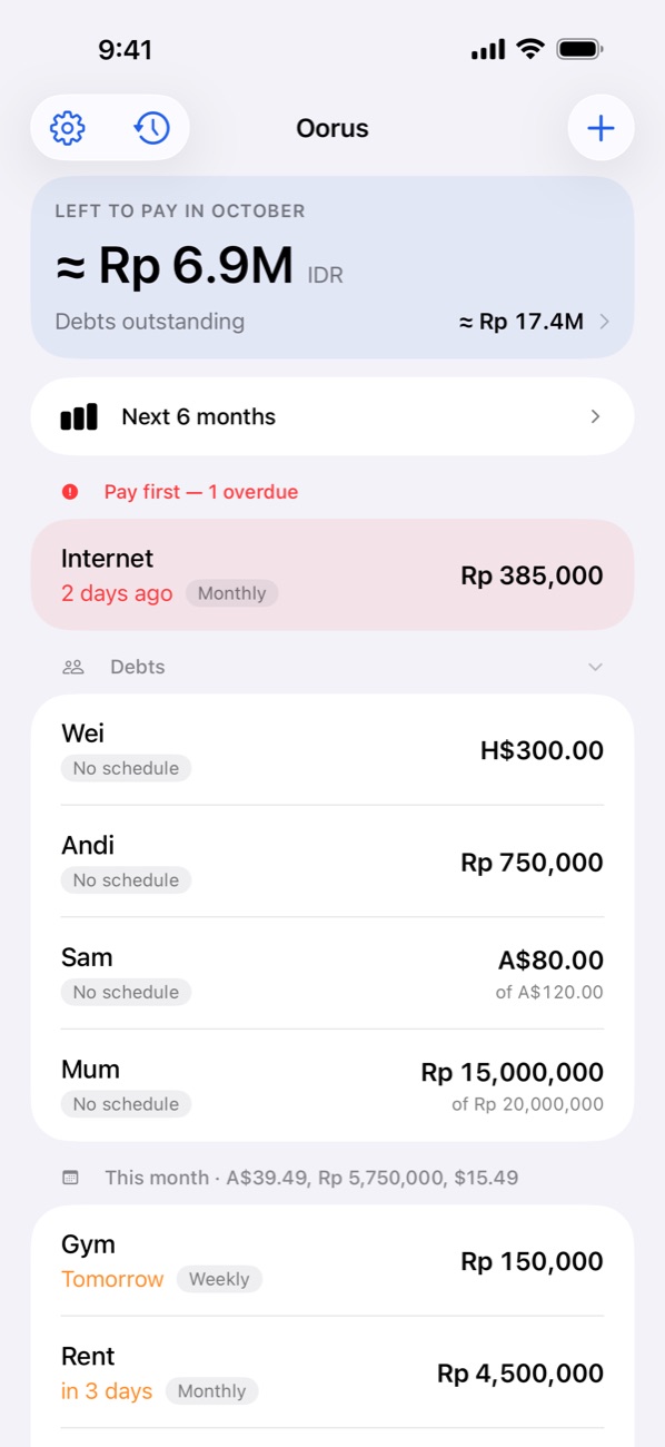 Dashboard with this month's total, overdue bill and debts