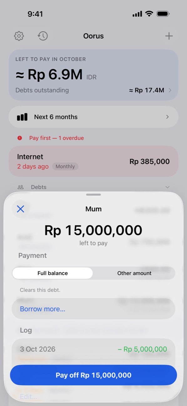 A debt with its balance and repayment log